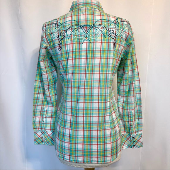 NEW ARIAT PASTEL PLAID RHINESTONE SNAP FRONT BLING EMBROIDERED WESTERN SHIRT SzS - Picture 3 of 11